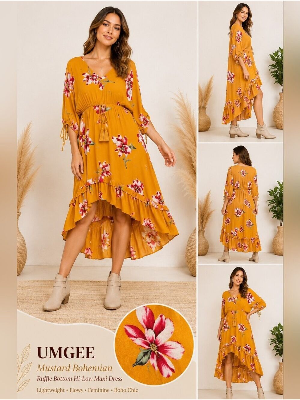 UMGEE Mustard Bohemian Ruffle Bottom Hi-Low Maxi Dress | Floral Boho Midi Dress - Picture 1 of 10